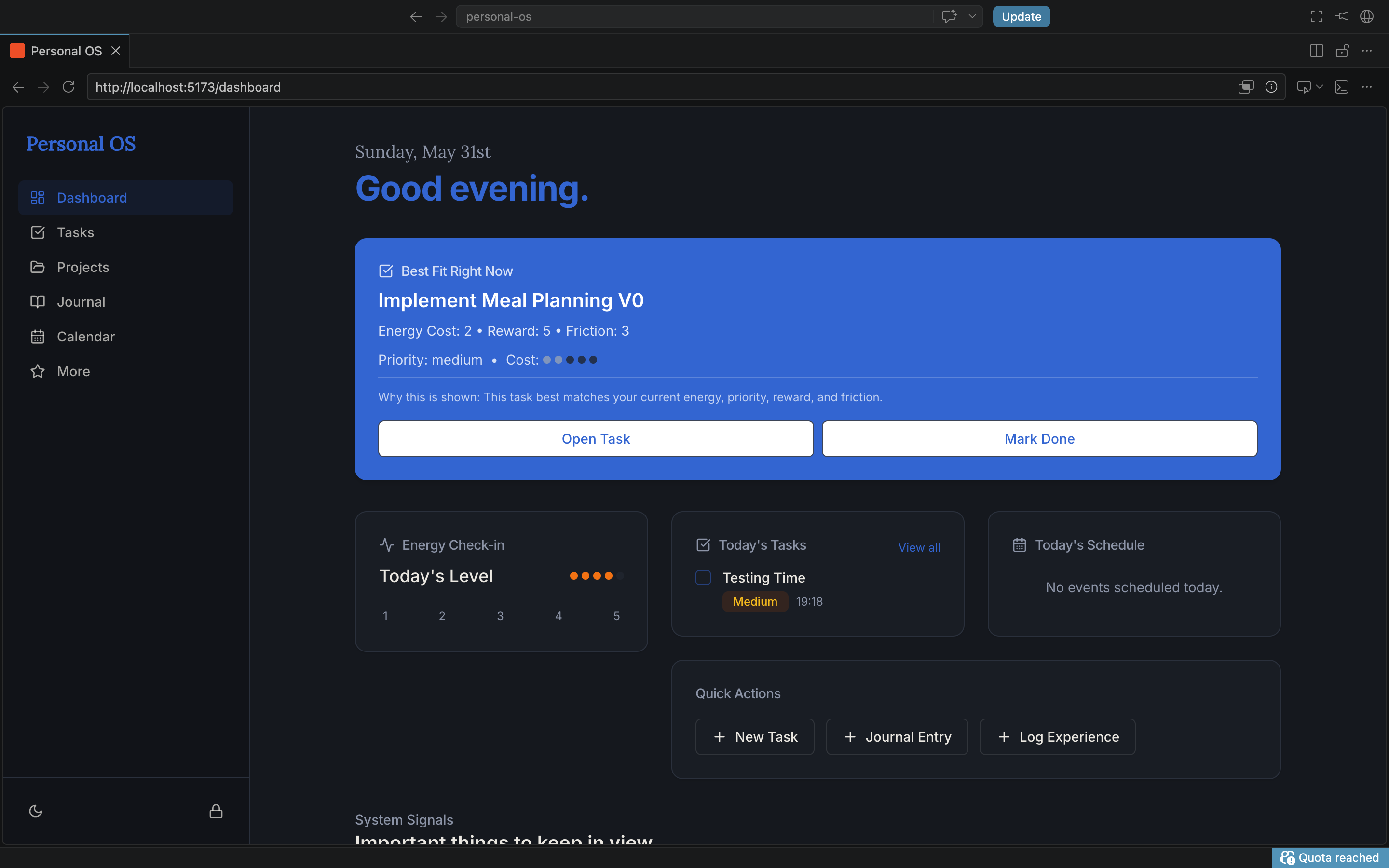 Personal OS dashboard preview