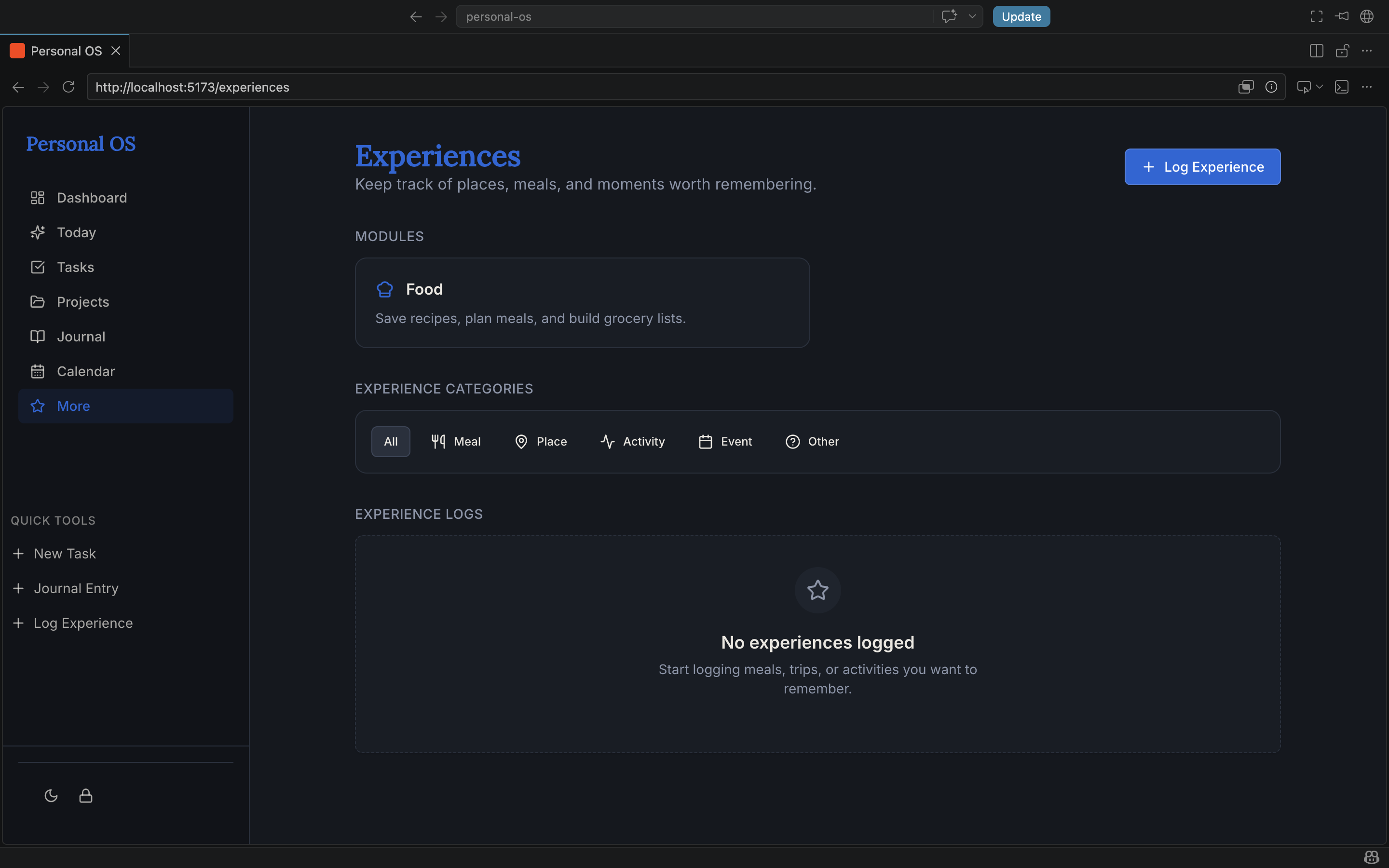 Personal OS experiences screen