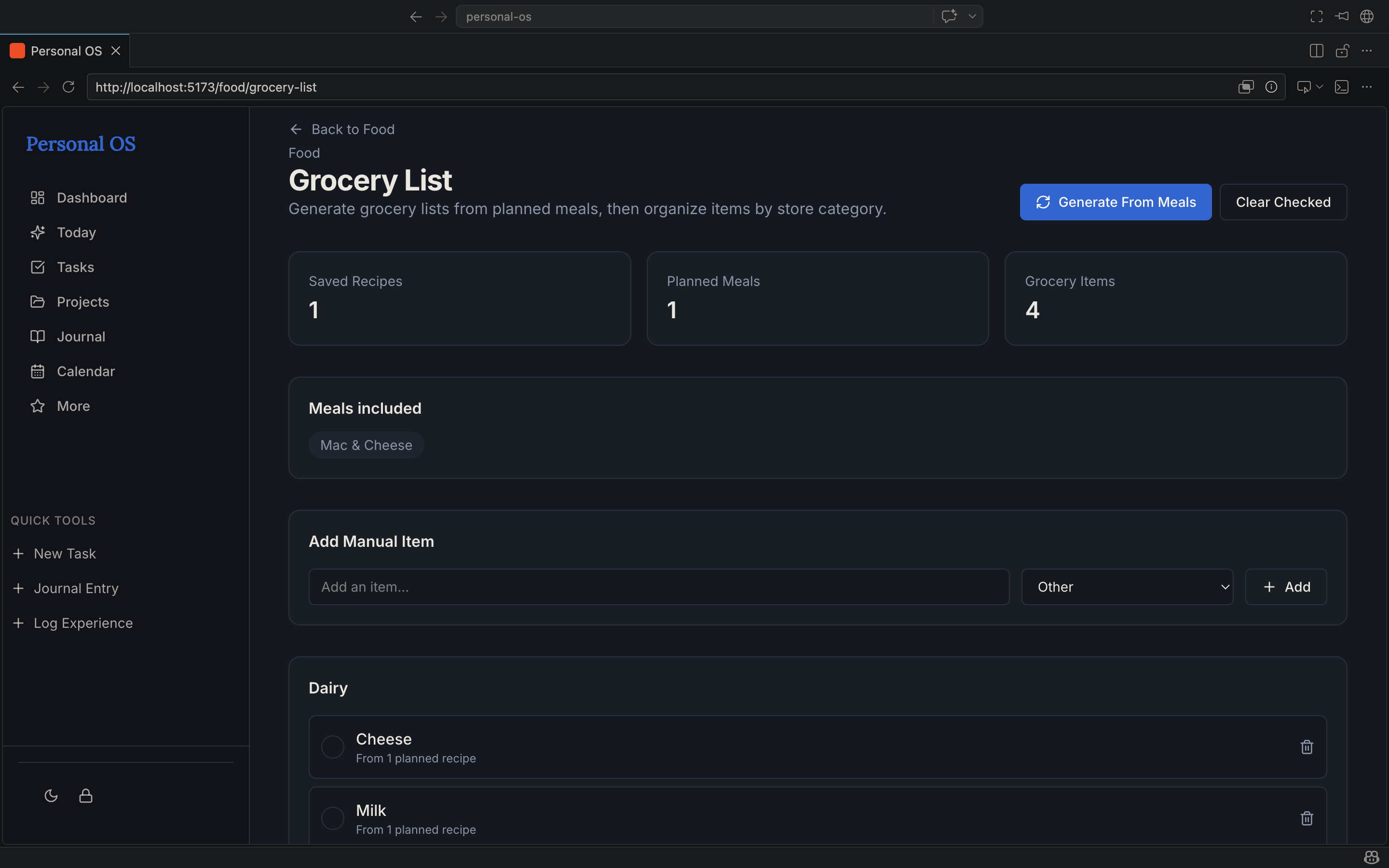 Personal OS grocery list screen