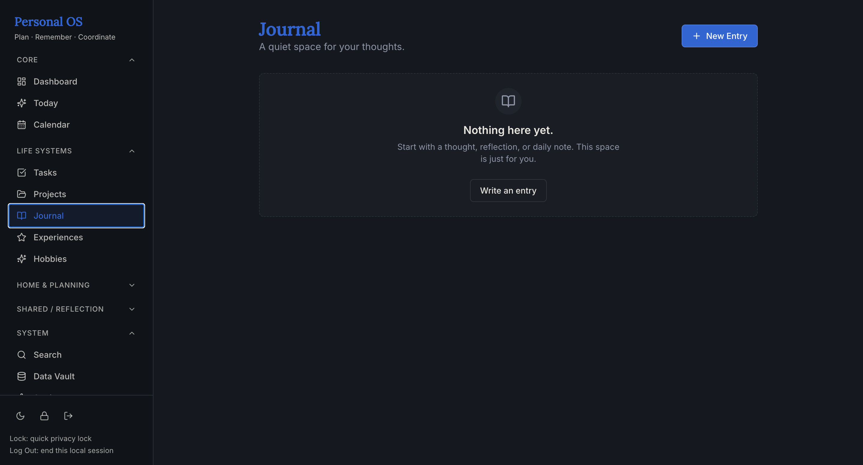 Personal OS structured journaling screen