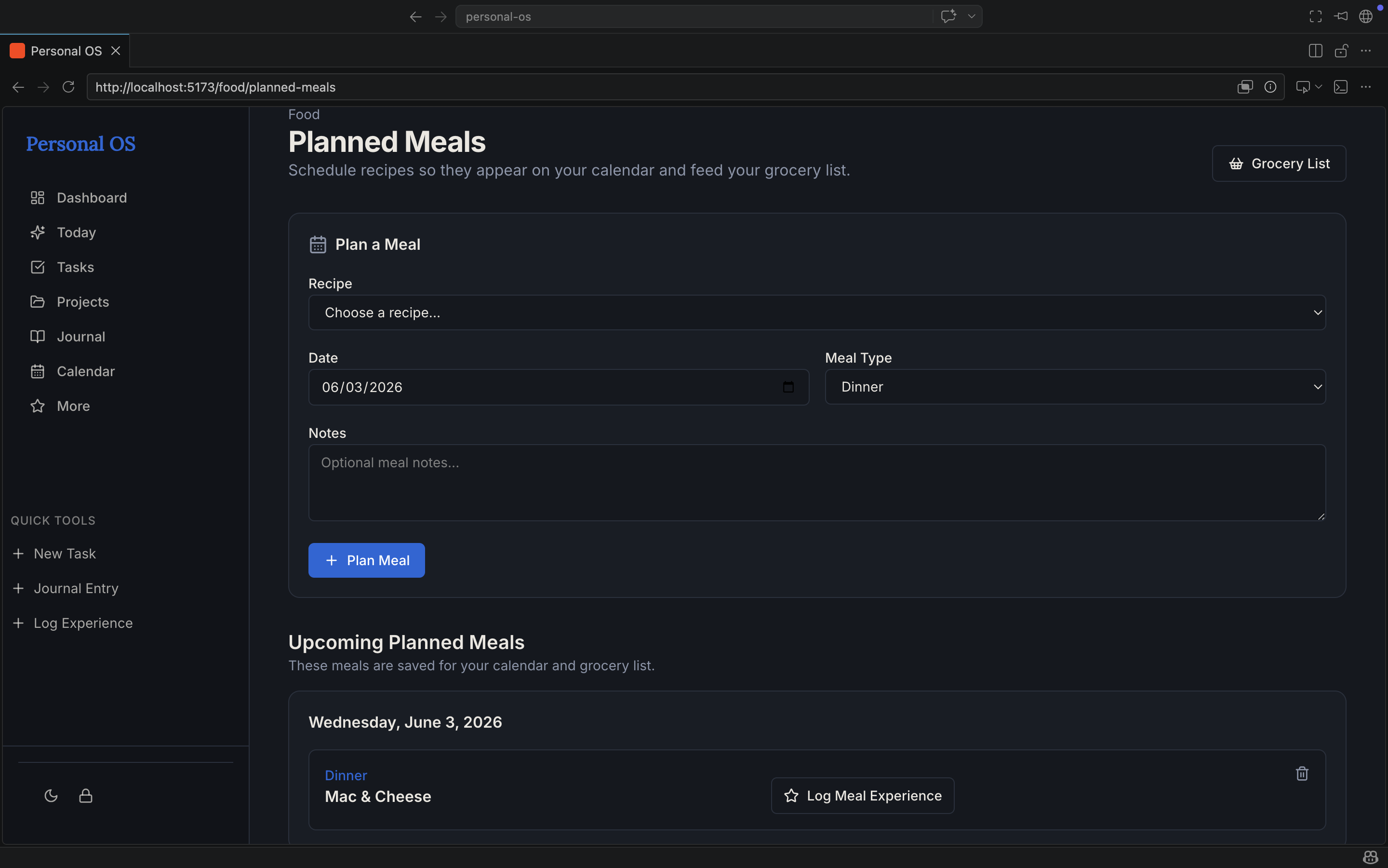 Personal OS planned meals screen