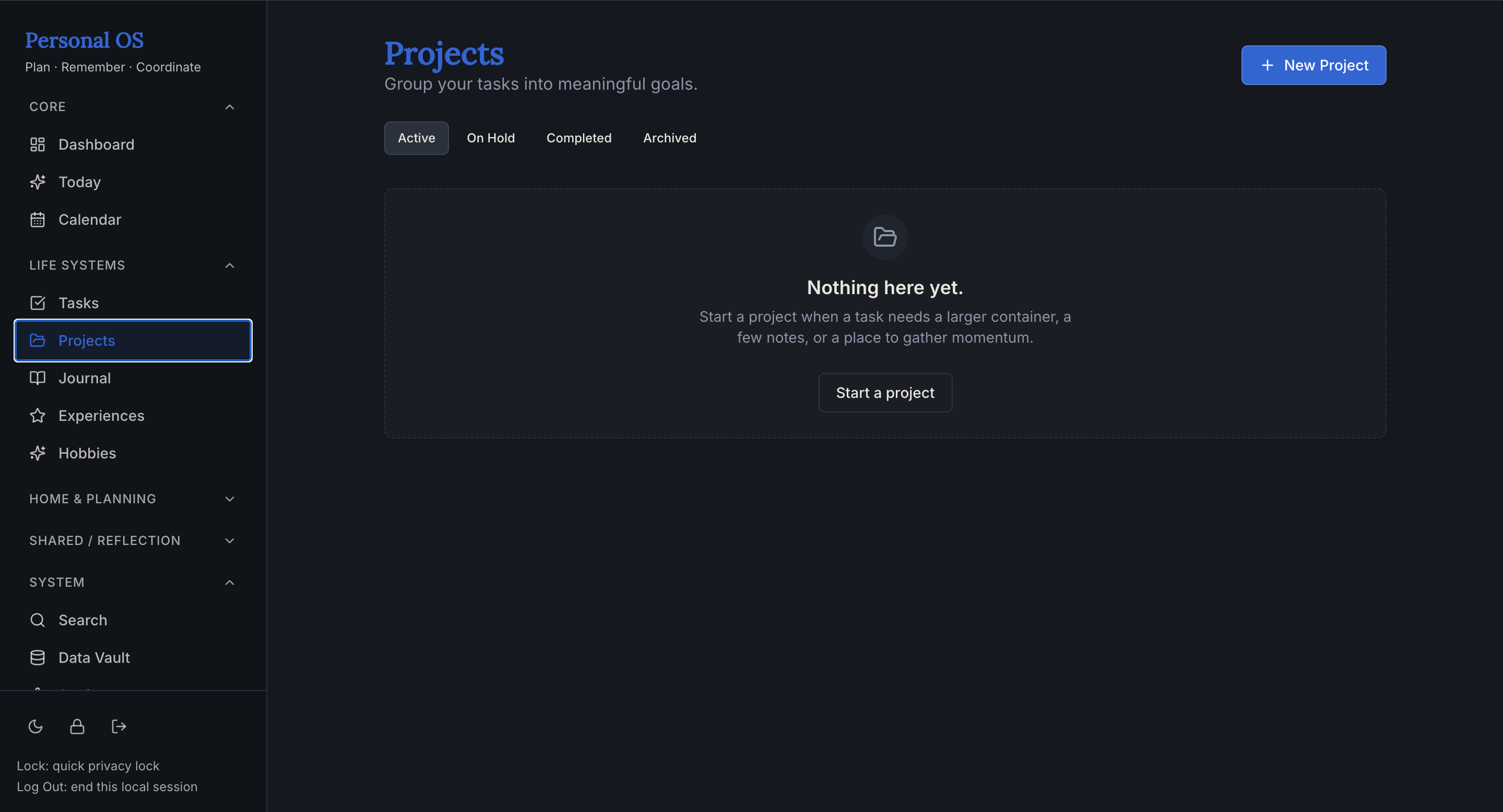 Personal OS project tracking screen