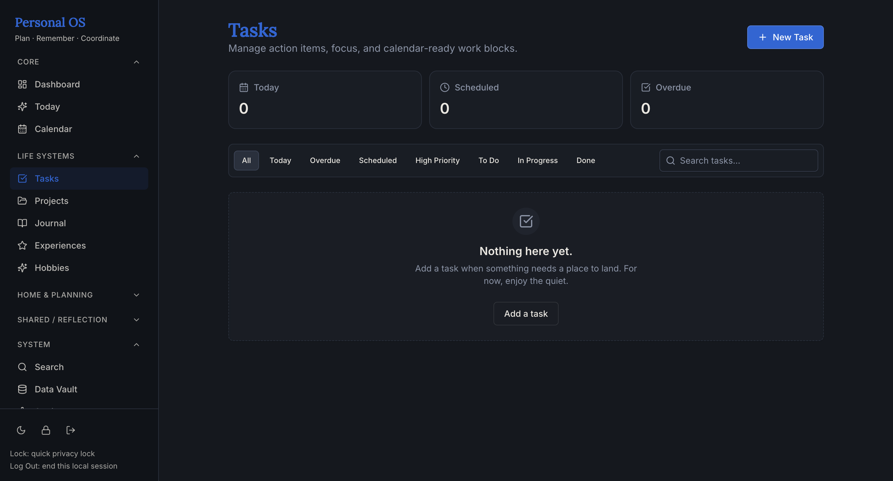 Personal OS task management screen