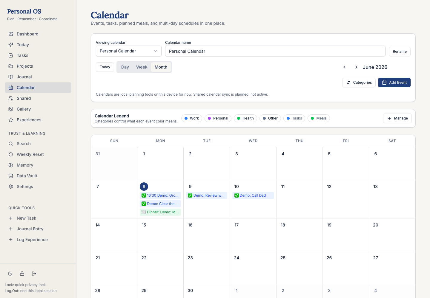 Personal OS calendar views screen