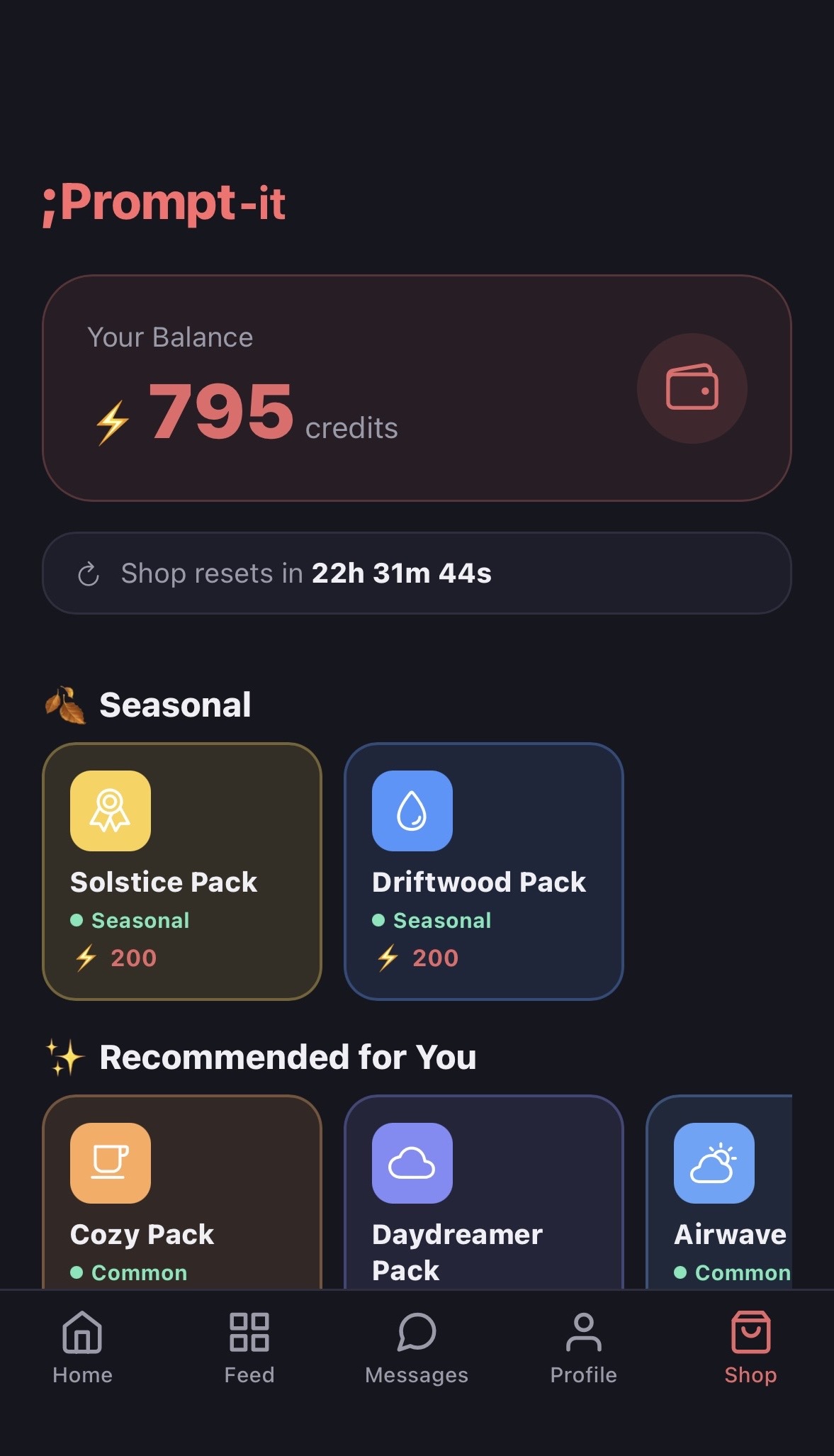 ;Prompt-it shop screen with credit balance and prompt packs